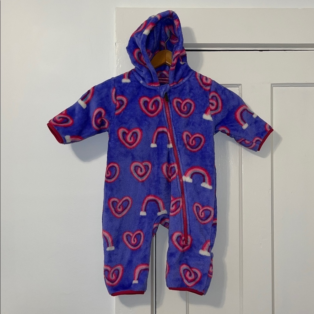 HATLEY Infant 9-12mo Bunting Fleece Bundler Suit Snow Rainbow Hearts Purple EUC